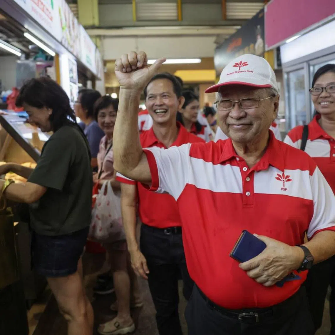 (From left) The Progress Singapore Party's secretary-general Leong Mun Wai, chairman Tan Cheng Bock and first vice-chair Hazel Poa at 726 West Coast market on May 10.