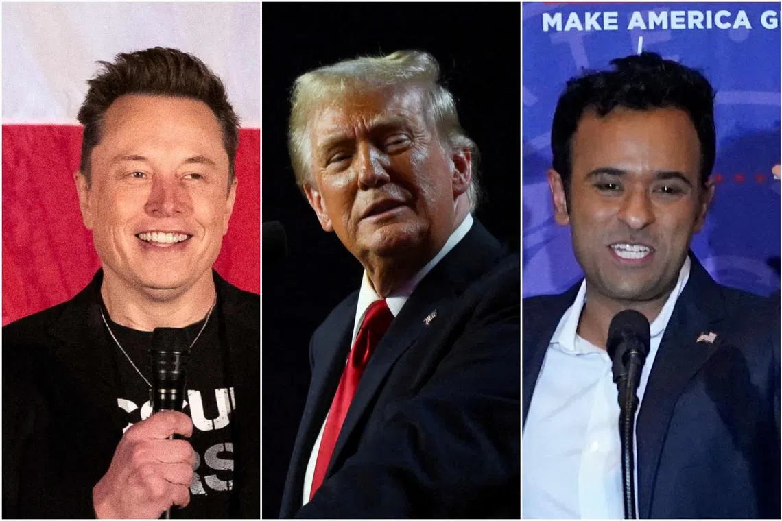 US president-elect Donald Trump said that Mr Elon Musk (left) and Mr Vivek Ramaswamy will lead what he called the Department of Government Efficiency.