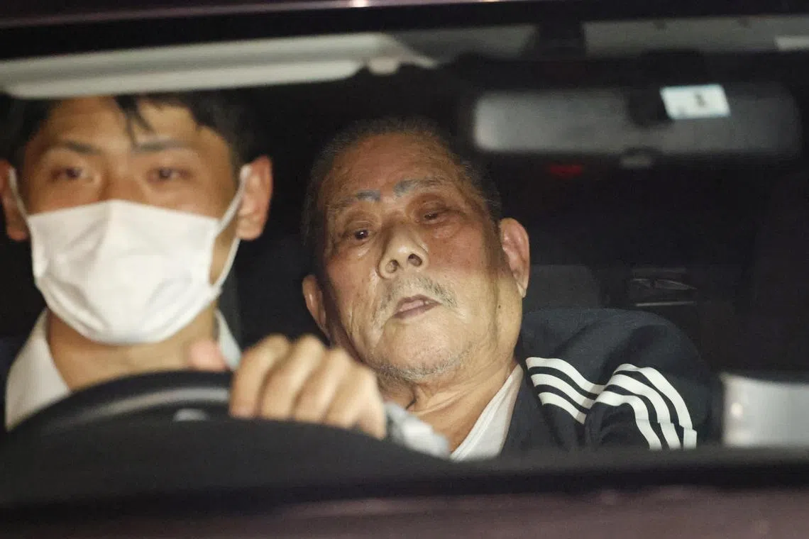 epa10951004 Tsuneo Suzuki (R), 86-year-old suspected gunman who has taken hostages and barricaded himself, is taken to a police station in Warabi City, Saitama Prefecture, Japan, 31 October 2023, after being arrested by police. Two people were reportedly wounded during a shooting at a hospital in Toda city before the suspected gunman fled to neighboring Warabi City. The suspect barricaded himself after taking an unknown number of hostages inside a post office, according to the Warabi City authorities.  EPA-EFE/JIJI PRESS JAPAN OUT EDITORIAL USE ONLY