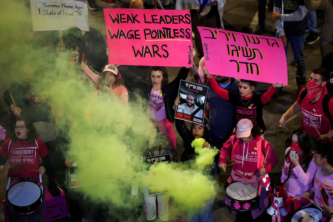 Protesters showing support for the hostages who were kidnapped during the deadly Oct 7, 2023 attack.