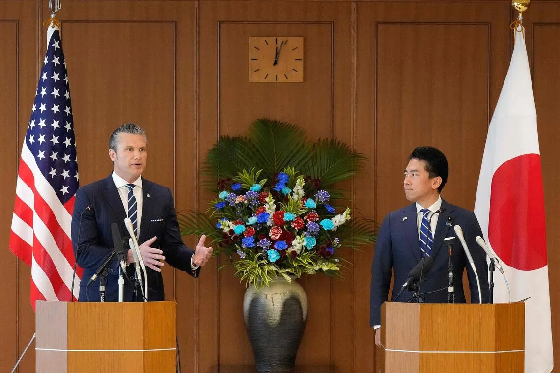 US Secretary of Defence Pete Hegseth (left) during a joint press conference with Japan's Minister of Defence Shinjiro Koizumi after their meeting in Tokyo on Oct 29.