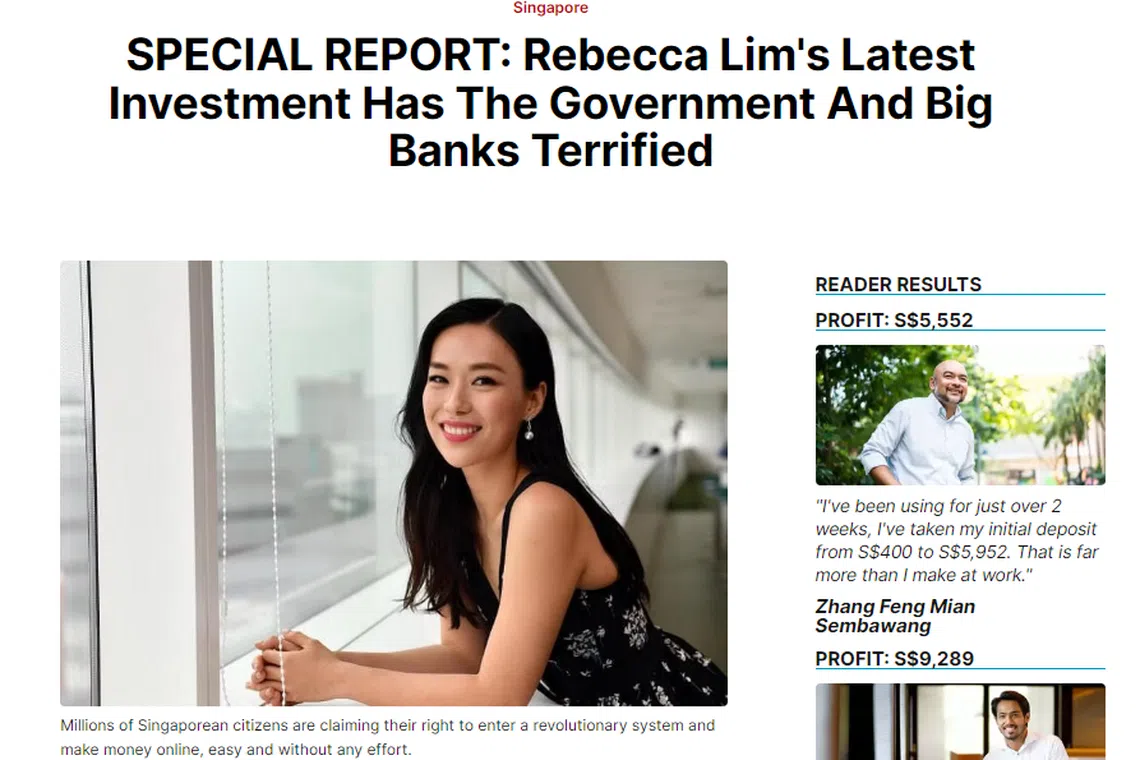 After clicking on an advertisement featured on a news website, users are redirected to a page using Ms Lim's identity to promote a investment scam.