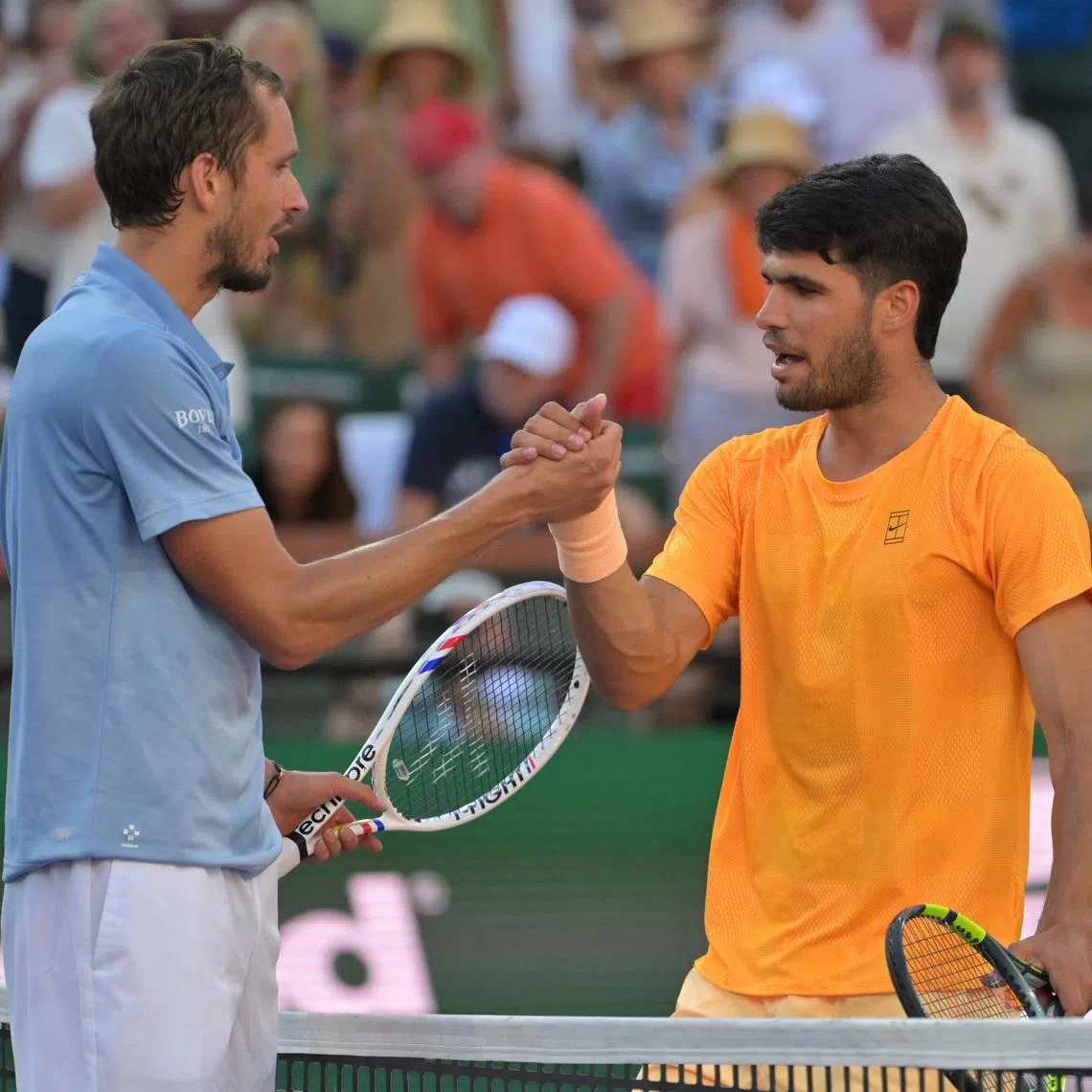 Mar 14, 2026; Indian Wells, CA, USA; Daniil Medvedev (RUS) shakes hands with Carlos Alcaraz (ESP) winning the semifinal match of the BNP Paribas Open at the Indian Wells Tennis Garden. Mandatory Credit: Jayne Kamin-Oncea-Imagn Images