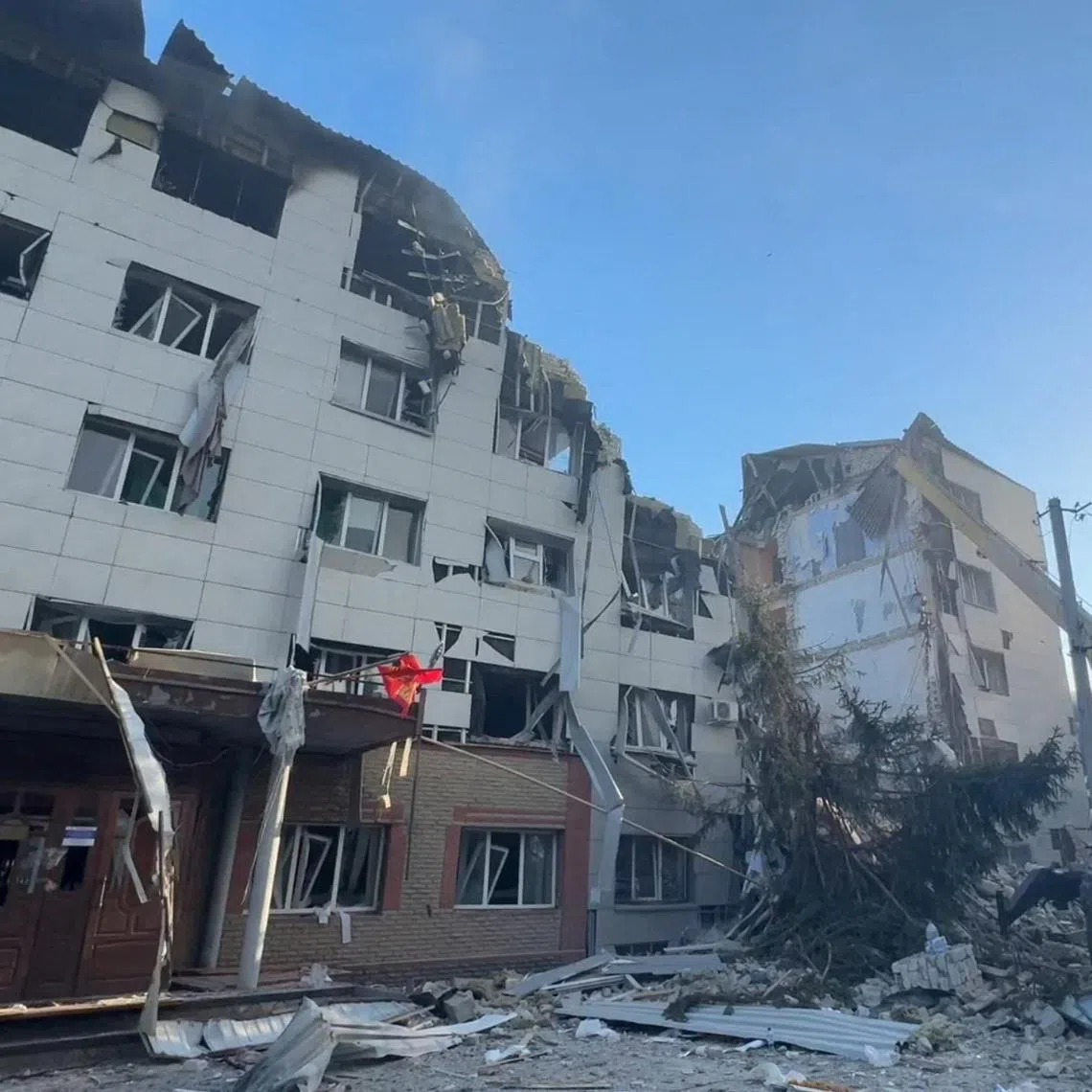A destroyed dormitory building in the Luhansk region, a Russian-controlled area of Ukraine, following an overnight attack on May 22.
