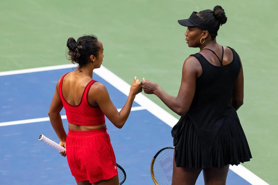 Venus Williams of the United States and Leylah Fernandez of Canada in action against Taylor Townsend of the United States and Katerina Siniakova of Czech Republic in the quarterfinal of the women’s doubles.
