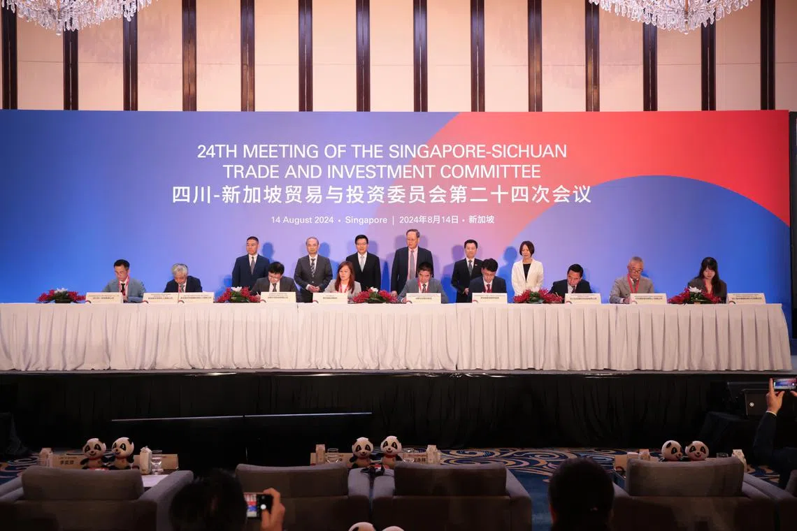 The MOUs were signed at the 24th Singapore-Sichuan Trade and Investment Committee meeting on Aug 14.