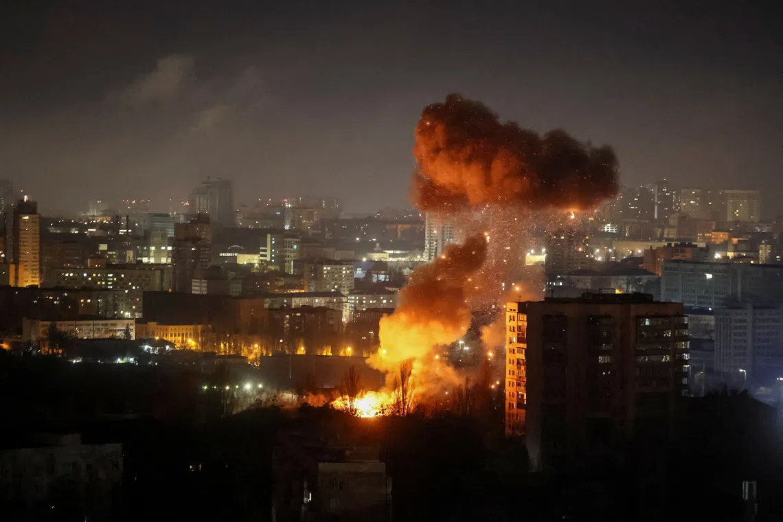 A drone exploding during a Russian missile and drone strike in Kyiv on Nov 14, where almost every district was under “massive” attack, its mayor said.