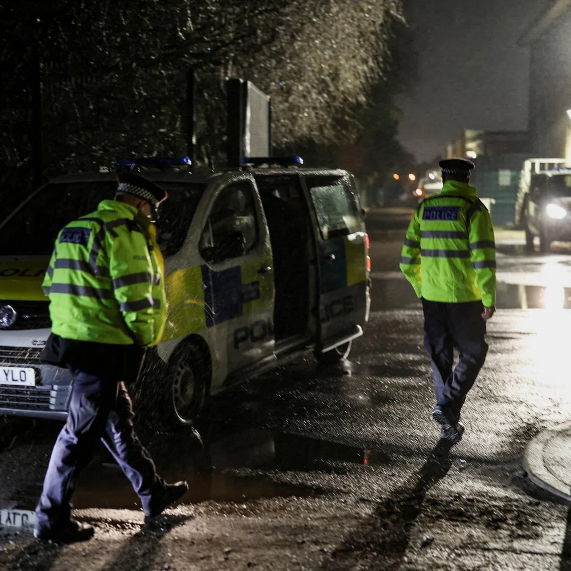Police work at the scene of a stabbing incident that hospitalised two boys, aged 12 and 13, outside Kingsbury High School in London, Britain, February 10, 2026. The London police counter terrorism unit is investigating the incident. REUTERS/Toby Shepheard