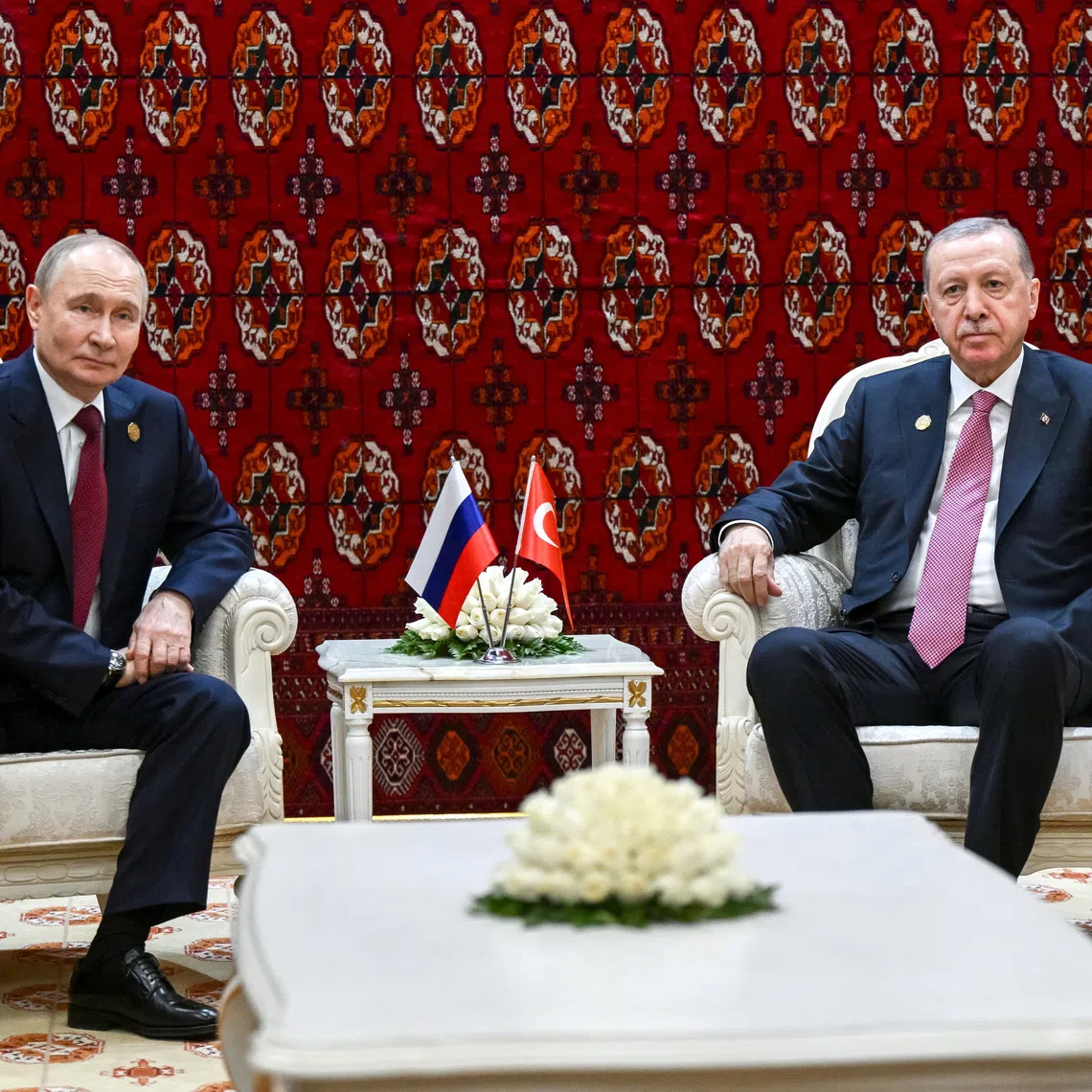Russian President Vladimir Putin and Turkish President Tayyip Erdogan attend a meeting in Ashgabat, Turkmenistan December 12, 2025. Sputnik/Kristina Kormilitsyna/Pool via REUTERS