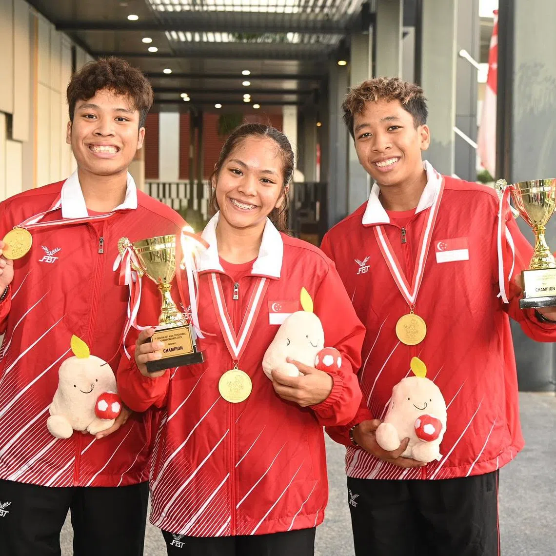 (From left) Fiqqo, Ning and Rykal played a vital role in leading Singapore to their sixth men's and women's SEA tchoukball crown