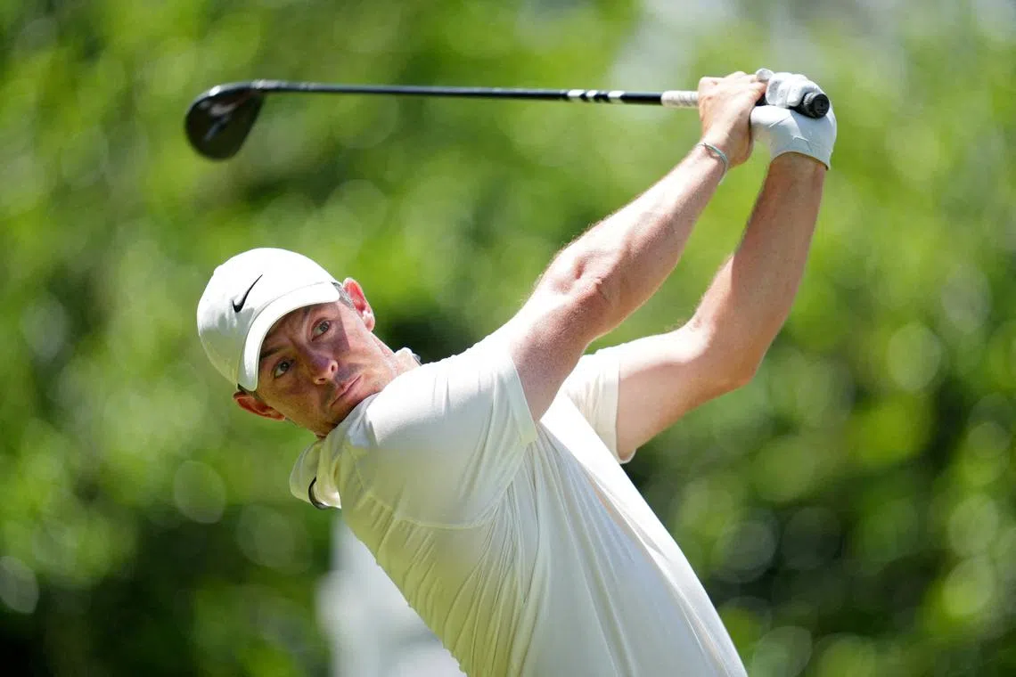 FILE PHOTO: May 18, 2025; Charlotte, North Carolina, USA; Rory McIlroy tees off on the 14th hole during the final round of the PGA Championship golf tournament at Quail Hollow. Mandatory Credit: Aaron Doster-Imagn Images/File Photo