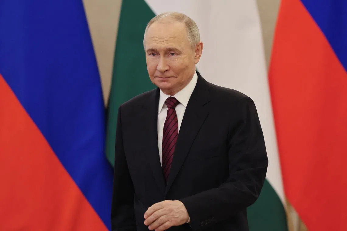 Russian President Vladimir Putin arrives for talks with President of Palestine Mahmoud Abbas for their meeting at the Kremlin, during celebrations of the 80th anniversary of the Soviet Union's victory over Nazi Germany during the World War II, in Moscow, Russia, 10 May 2025. Yuri Kochetkov/Pool via REUTERS