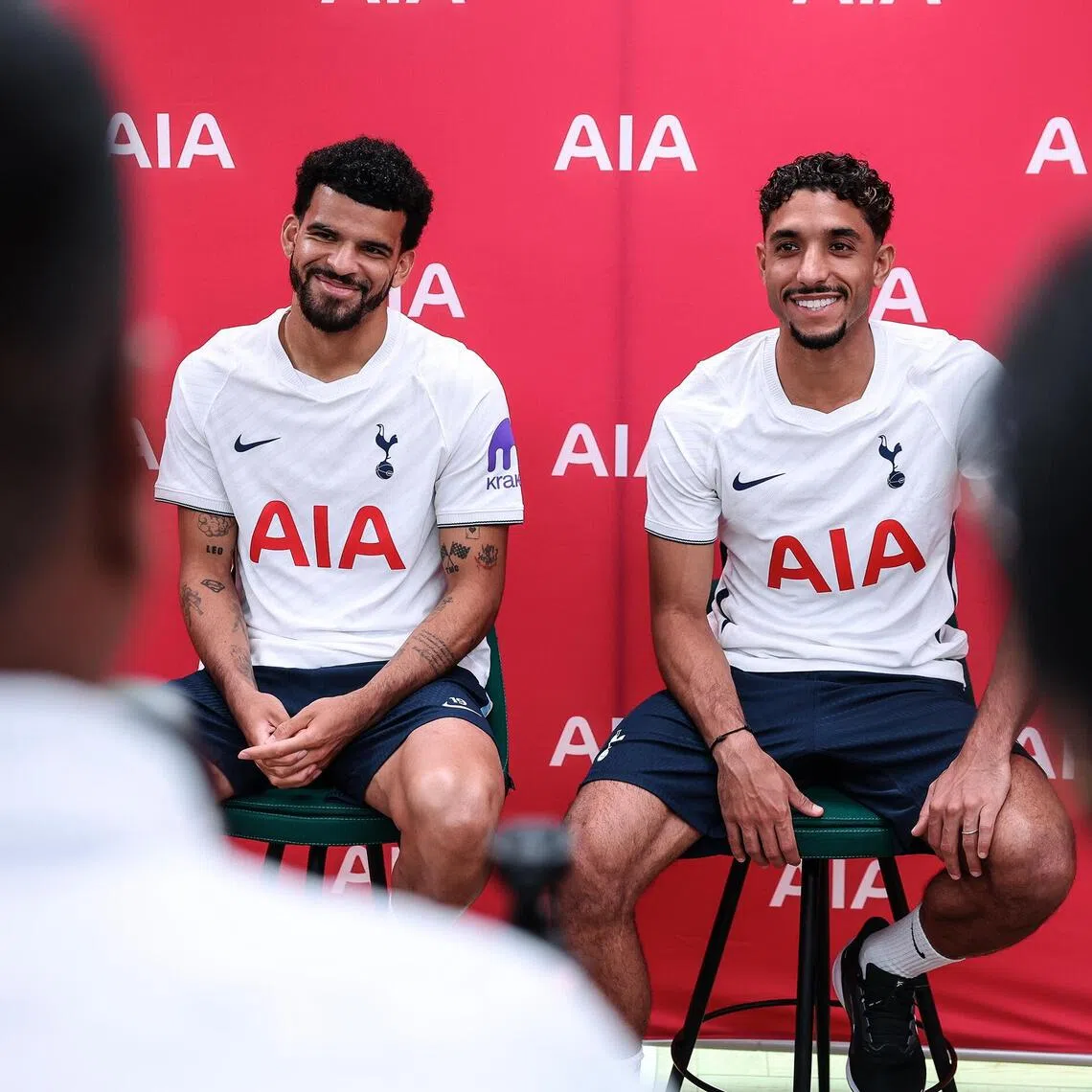 Tottenham Hotspur players Dominic Solanke (left) and Omar Marmoush speaking to the Singaporean media at the club’s training centre in Enfield on Sept 10.