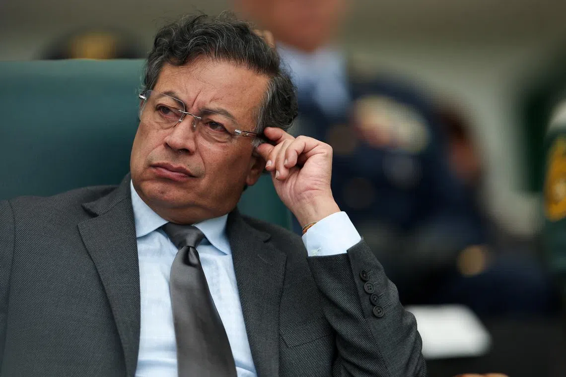 FILE PHOTO: Colombian President Gustavo Petro reacts during the troop recognition ceremony for the newly appointed Minister of Defense, Pedro Sanchez, at the Jose Maria Cordova Military Cadet School in Bogota, Colombia, March 11, 2025. REUTERS/Luisa Gonzalez/File Photo