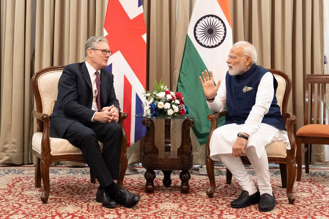 British Prime Minister Sir Keir Starmer and Indian Prime minister Narendra Modi hold a bilateral meeting at Raj Bhavan, in Mumbai, India October 9, 2025. Stefan Rousseau/Pool via REUTERS