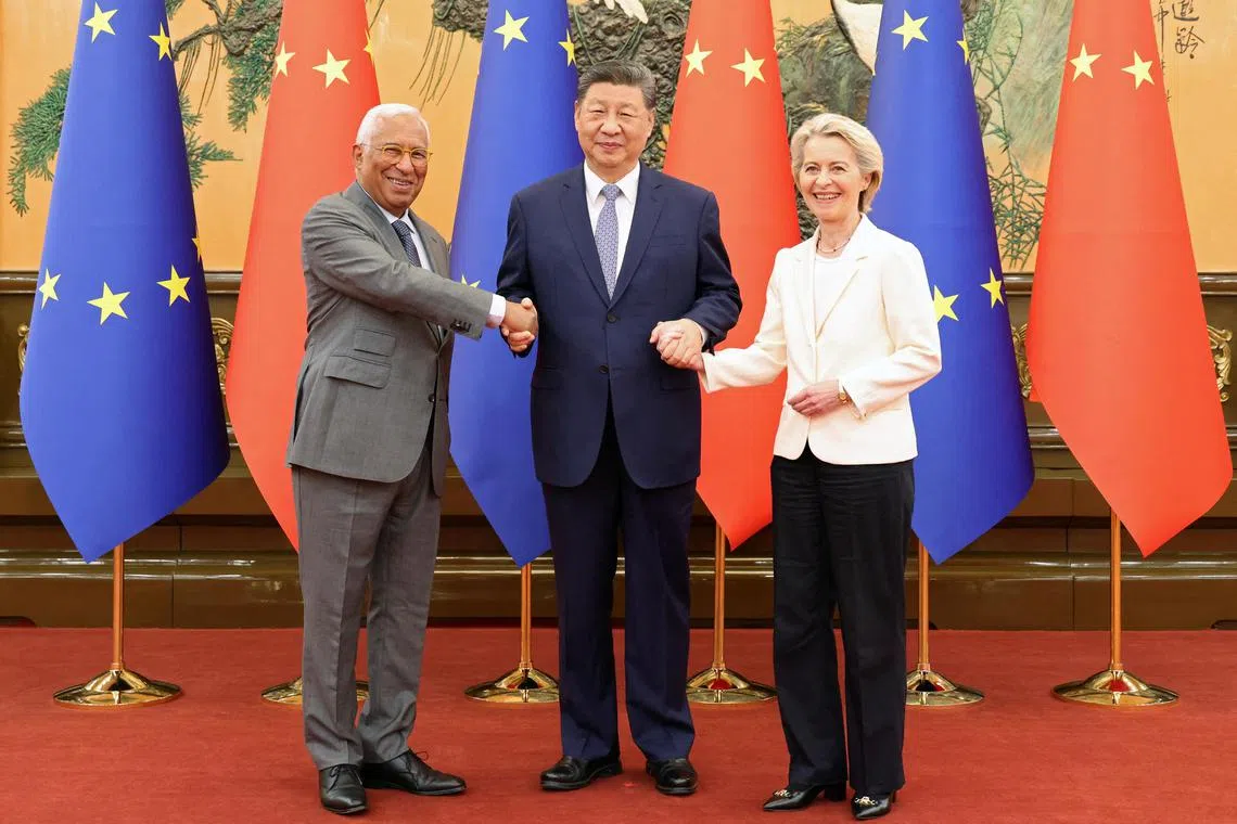 Chinese President Xi Jinping shakes hands with European Council President Antonio Costa (left) and European Commission President Ursula von der Leyen (right) at the Great Hall of the People in Beijing, China on July 24, 2025.  