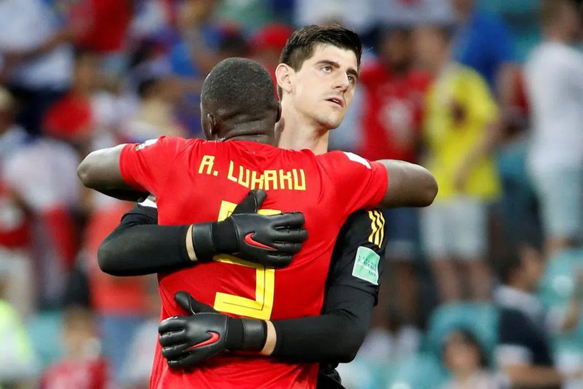 FILE PHOTO: Soccer Football - World Cup - Group G - Belgium vs Panama - Fisht Stadium, Sochi, Russia - June 18, 2018   Belgium's Thibaut Courtois and Romelu Lukaku celebrate after the match  REUTERS/Francois Lenoir/File Photo
