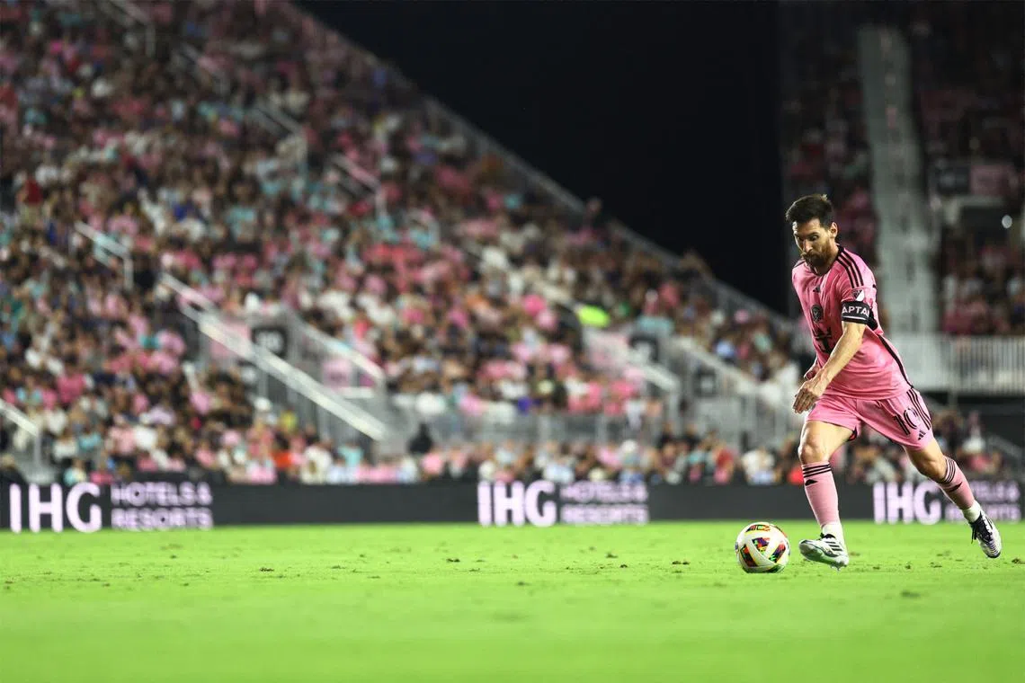 FILE PHOTO: Nov 9, 2024; Fort Lauderdale, Florida, USA; Inter Miami FC forward Lionel Messi (10) plays the ball in the first half against the Atlanta United FC in a 2024 MLS Cup Playoffs Round One match at Chase Stadium. Nathan Ray Seebeck-Imagn Images/File Photo