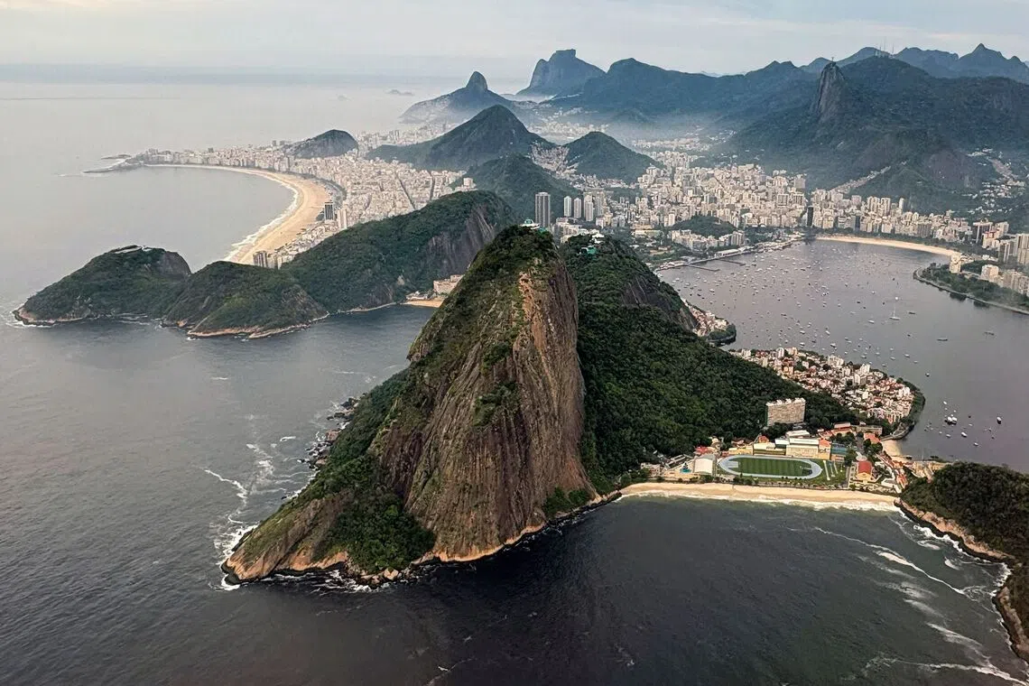 Aerial view showng Sugarloaf Mountain and Guanabara Bay in Rio de Janeiro, Brazil, on Nov 3, 2025. 