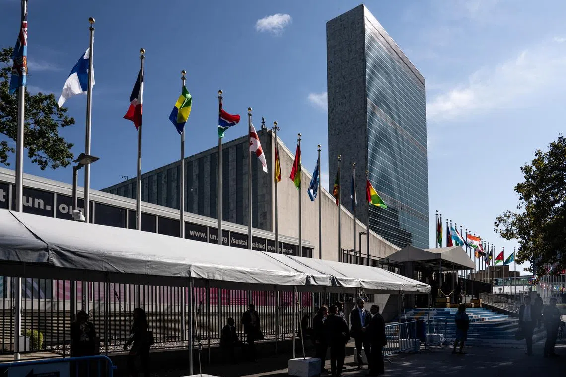 The main entrance at United Nations headquarters in New York City, U.S., September 22, 2024. REUTERS/David Dee Delgado