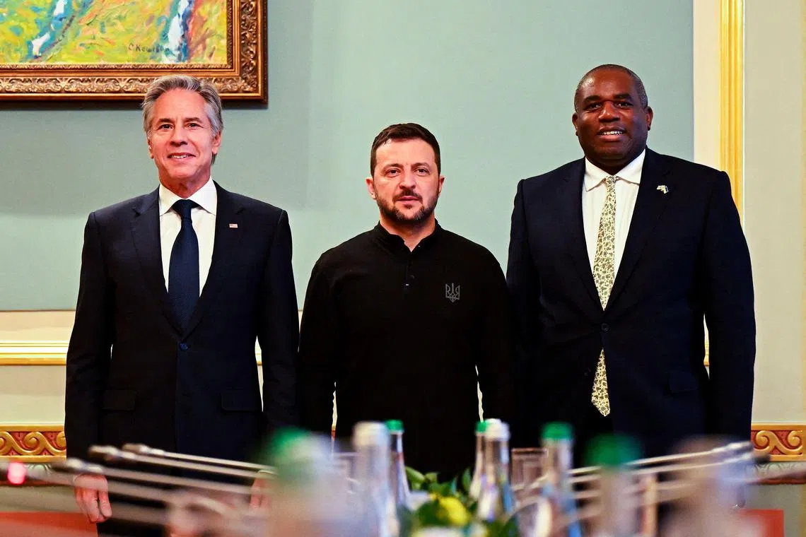 (From left) US Secretary of State Antony Blinken, Ukrainian President Volodymyr Zelensky and British Foreign Secretary David Lammy in Kyiv, on Sept 11.