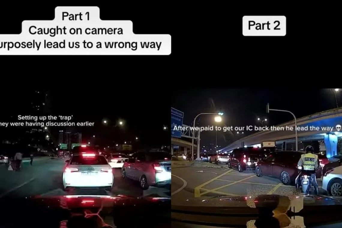 Facebook user Sage says the car she was in was directed to the heavy vehicles lane (left). She had to pay RM100 to get her boyfriend’s licence back, she says, before being escorted back to the car lane (right). 