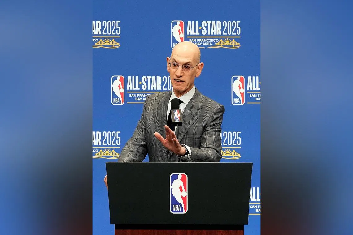NBA commissioner Adam Silver speaks to media at a press conference during 2025 NBA All-Star Weekend at Chase Centre.