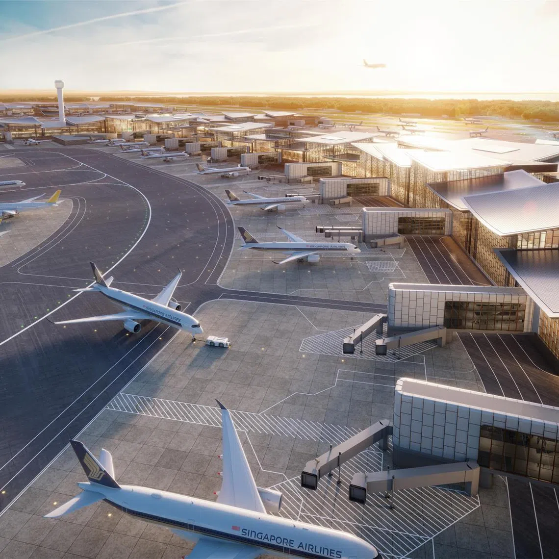 Roof leaves. Artist impression of Changi Airport Terminal 5 (T5). It will be equipped with overlapping curved roofs of varying heights to allow natural light to stream in.