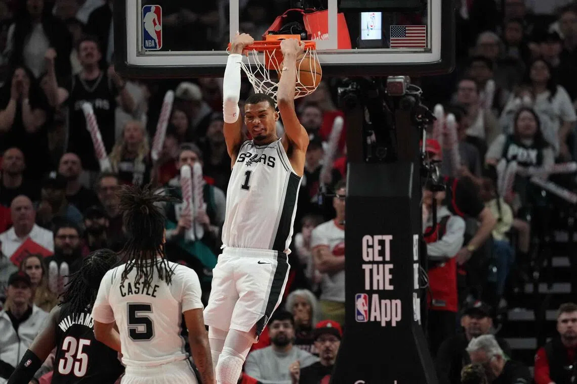 Victor Wembanyama of the San Antonio Spurs dunking the ball during the 114-93 NBA Western Conference first-round, play-off win over Portland Trail Blazers at Moda Center on April 26, 2026. The Spurs lead the series 3-1.