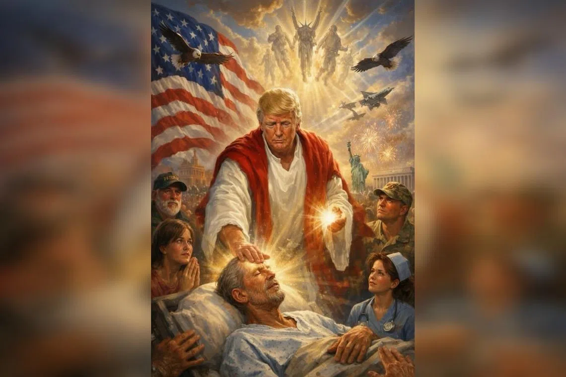 In the illustration, the president’s hands emit shining lights, and his right hand is touching the forehead of a man lying on a bed, wearing a hospital gown. 