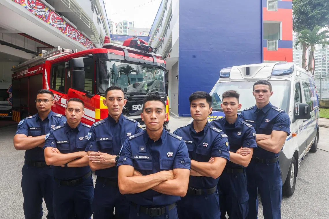 Embargoed until Saturday 22 Jul 2023 3pm. 

CMG20230721-ChanBK01/陈斌勤/郭跃男/
采访盛港消防局民防人员. (Sengkang Fire Station 50 buangkok Dar, 50 Buangkok Dr, S545064). L to R. 

S3, Rafiqi Hilman, 25 years of service.

Staff sergeant Ahmed Haliim khan, 33, 10 years.

Warrant officer 2, Muhammad Himmi bin Ibrahim, 45, 27 years, deputy rota commander.

Commander fire station, major Othman sharif, 31, 7 years of service. 

Ltd, teo Kang Xiang, 28, 3 years of service, rota commander.

Corporal (NSF), Aaron Tay Hong jun, 25, NSF 1 and a half years, more than a year here, section commander.

S1 (NSF) christoper kai treloar, 19, NSF 7 months, less than a month here, section commander.