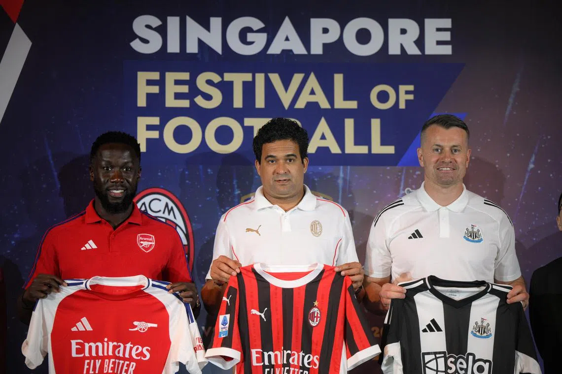 (From left) Former Arsenal defender Bacary Sagna, former AC Milan midfielder Serginho and former Newcastle United goalkeeper Shay Given at a press conference in Singapore, on April 11.