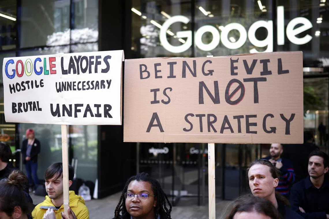 Google workers hold a protest outside the search giant's Kings Cross headquarters in London.