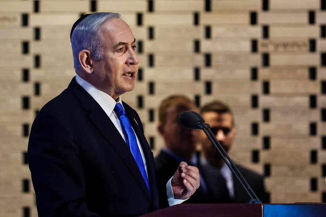 Israeli Prime Minister Benjamin Netanyahu speaks at a memorial ceremony for Israeli soldiers killed in the 1973 Middle East War at Mount Herzl Military Cemetery in Jerusalem September 26, 2023. REUTERS/Ammar Awad/File Photo