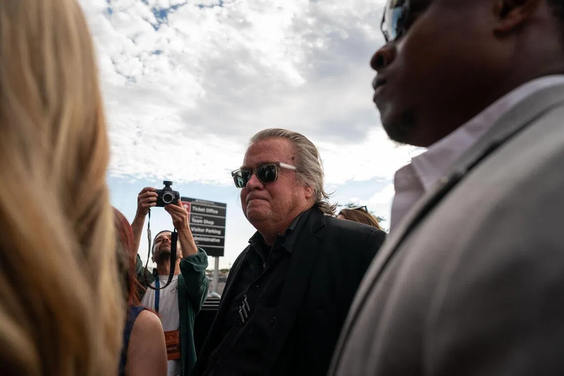 Podcaster Steve Bannon at a memorial service for Charlie Kirk on Sept 21. Bannon publicly threw his support behind President Donald Trump’s talk of seeking a third term, in defiance of a constitutionally-mandated two-term limit.