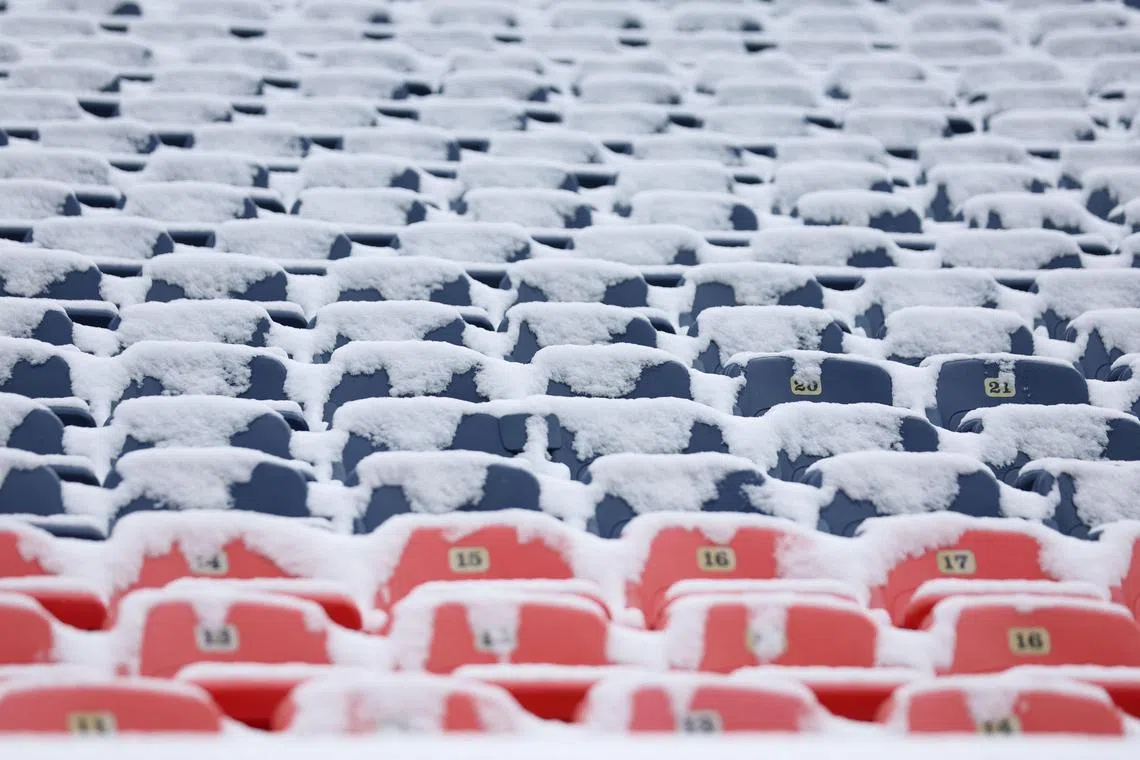 Seats are covered with snow before the game between the Denver Broncos and the Kansas City Chiefs at Empower Field At Mile High on October 29, 2023 in Denver, Colorado.   