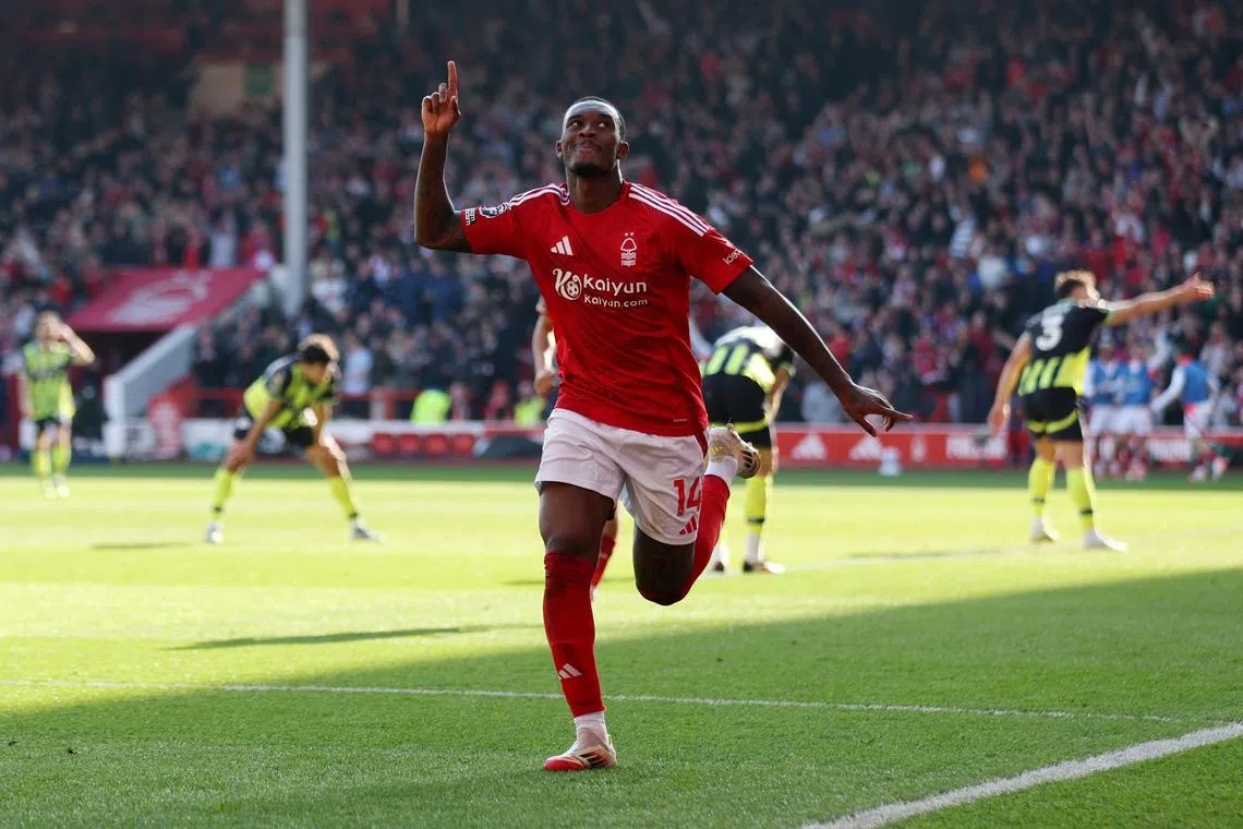 Nottingham Forest's Callum Hudson-Odoi celebrates after scoring in the 1-0 English Premier League win over Manchester City.
