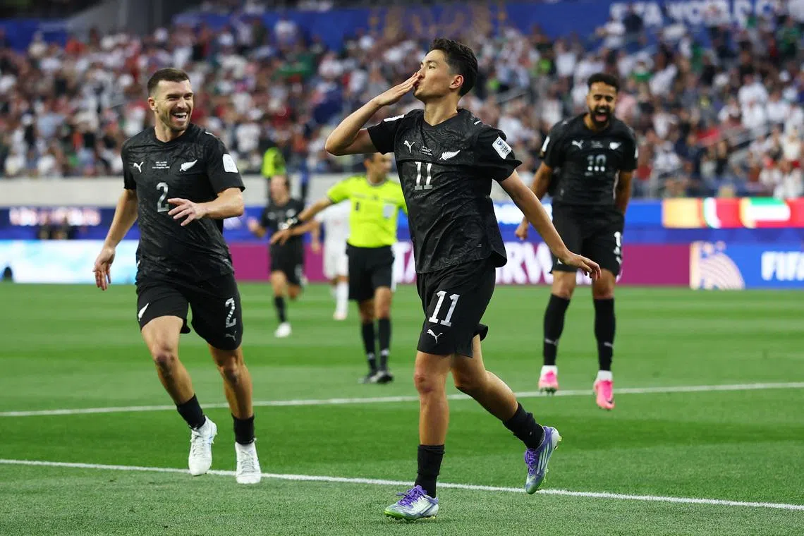 Soccer Football - FIFA World Cup 2026 - Group G - Iran v New Zealand - Los Angeles Stadium, Inglewood, California, U.S. - June 15, 2026 New Zealand's Elijah Just scores their second goal REUTERS/Matthew Childs