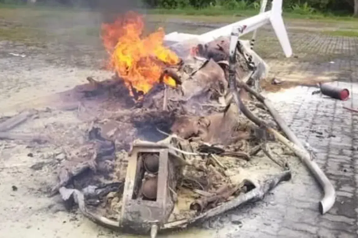 The incident occurred near a hot spring in Bentong where the helicopter, transporting equipment for cable installation, was completely destroyed by fire.