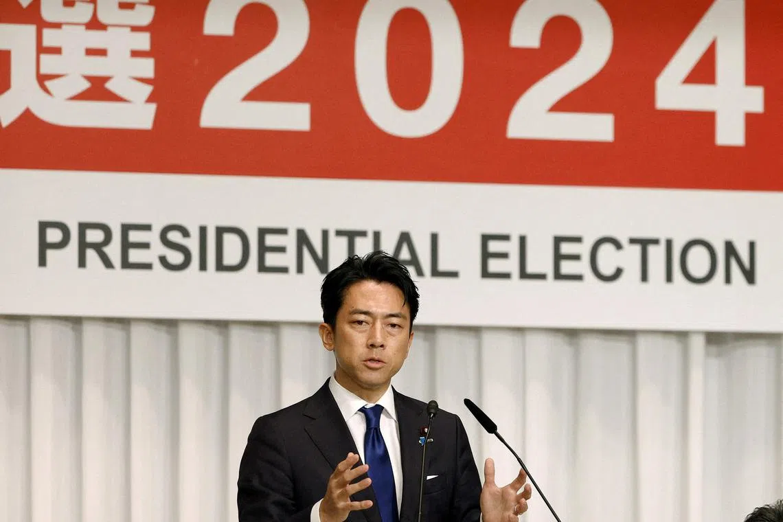 FILE PHOTO: Former Environment Minister Shinjiro Koizumi, a candidate of Japan's ruling Liberal Democratic Party (LDP) presidential election, speaks during a joint press conference at the LDP headquarters in Tokyo, Japan, September 13, 2024. FRANCK ROBICHON/Pool via REUTERS/File Photo