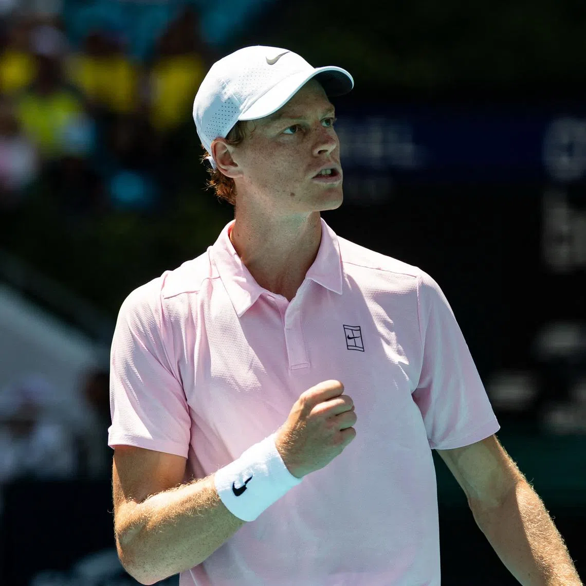 Mar 26, 2026; Miami Gardens, FL, USA; Jannik Sinner of Italy reacts after a point against Frances Tiafoe of the United States in the quarter finals of the men’s singles at the Miami Open at Hard Rock Stadium. Mandatory Credit: Mike Frey-Imagn Images
