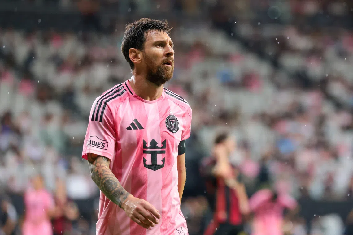 Sep 5, 2026; Miami, Florida, USA; Inter Miami CF forward Lionel Messi (10) looks on against Atlanta United during the first half at Nu Stadium. Mandatory Credit: Sam Navarro-Imagn Images