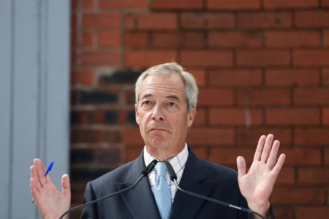 Britain's Reform UK leader Nigel Farage attends a press conference ahead of the June 18 Makerfield by-election, in Ashton-in-Makerfield, June 10, 2026. REUTERS/Temilade Adelaja