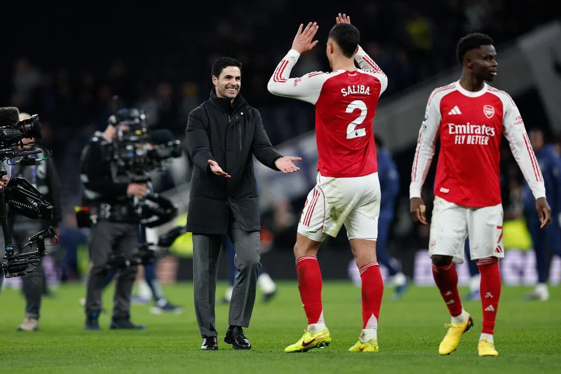 Arsenal manager Mikel Arteta celebrating his team's 4-1 Premier League victory against Tottenham Hotspur on Feb 22.