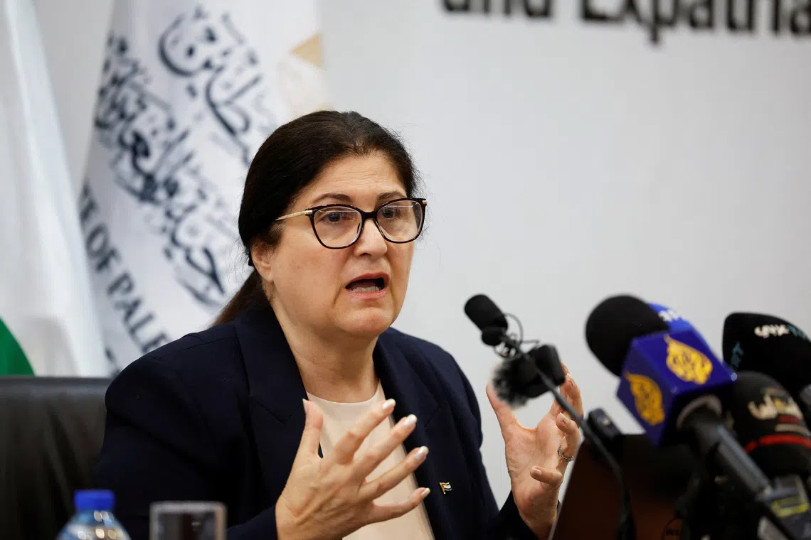 Palestinian Minister of Foreign Affairs Varsen Aghabekian Shahin attends a press conference in Ramallah in the Israeli-occupied West Bank, September 21, 2025. REUTERS/Mohammed Torokman