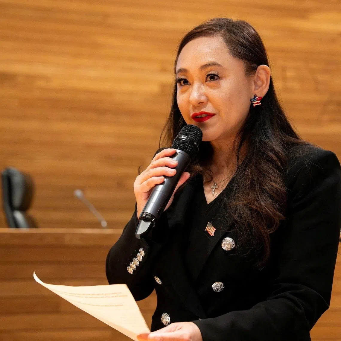 FILE PHOTO: Eileen Wang speaks in Arcadia, California, U.S., in this handout image released on April 16, 2025. City of Arcadia - City Hall via Facebook/Handout via REUTERS/File Photo