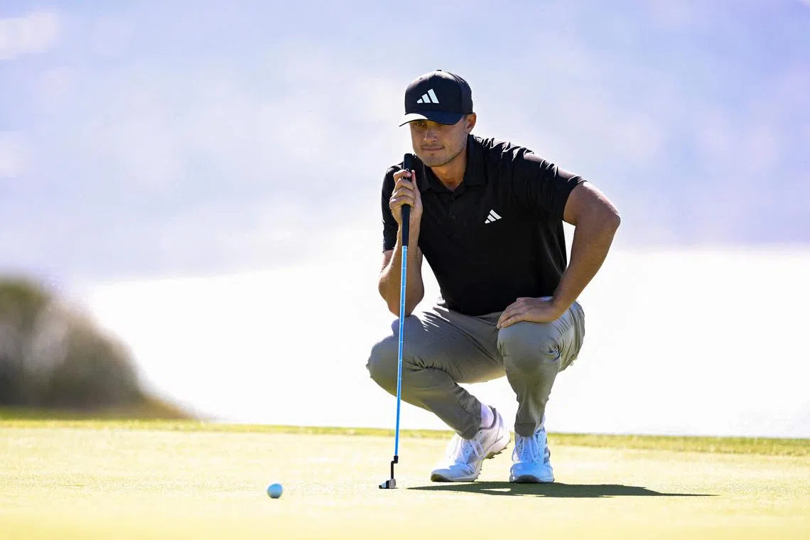 Co-leader Ludvig Aberg of Sweden looking over a putt on the fourth hole during the second round of the Farmers Insurance Open 2025 at Torrey Pines South Course on Jan 23 in La Jolla, California.