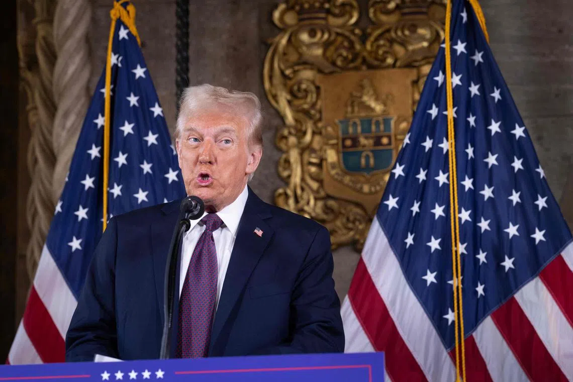 US President-elect Donald Trump delivering a press conference at his Mar-a-Lago residence in Palm Beach, Florida, on Jan 7.