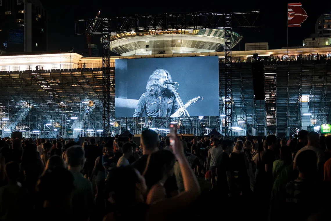 US rock band Foo Fighters performing at the Padang Stage at the  2025 Formula One Singapore Airlines Singapore Grand Prix on Oct 4, 2025.