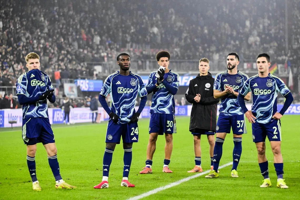 (From left) Ajax's Anton Gaaei, Horthy Mokio, Aaron Bouwman, Sean Steur, Josip Sutalo and Lucas Rosa are dejected after the 6-0 thrashing by AZ Alkmaar in the KNVB Cup round of 16 on Jan 14, 2026.